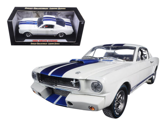 1965 ford mustang shelby gt350r white with blue stripes and printed carroll shelby's signature on the roof 1/18 diecast model car