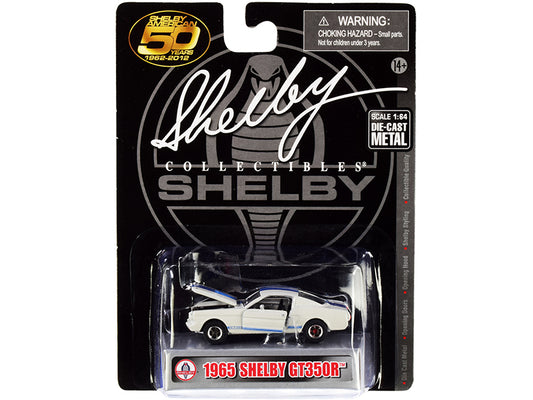 1965 ford mustang shelby gt350r white with blue stripes "shelby american 50 years" (1962-2012) 1/64 diecast model car